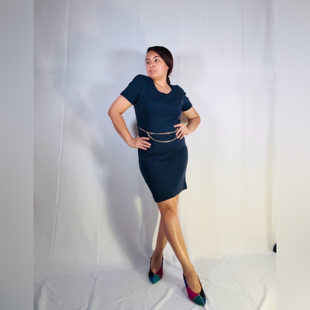 Elegant Navy Midi Dress with Chain Detail